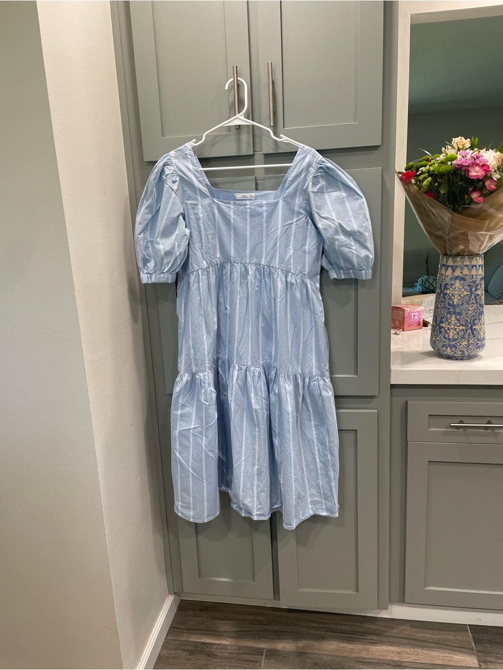Mango Light Blue Striped Puff-Sleeve Midi Dress